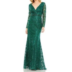 Mac Duggal Emerald Embellished Wrap Over Long Sleeve Evening Gown - Reemoly